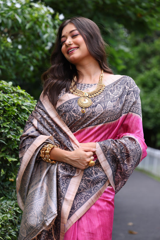 Pink Soft Tussar Silk Madhubani Printed Saree with Blouse
