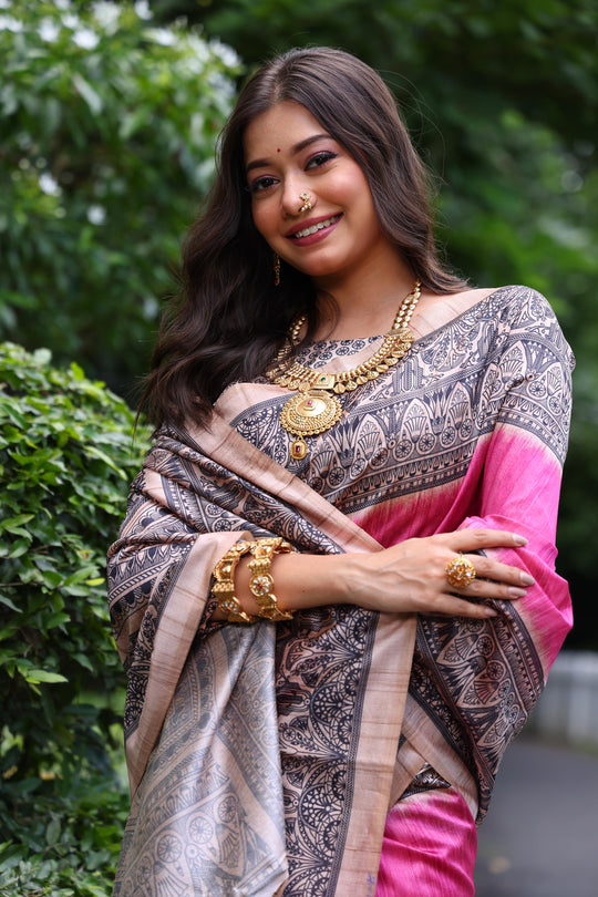 Pink Soft Tussar Silk Madhubani Printed Saree with Blouse
