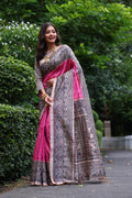 Pink Soft Tussar Silk Madhubani Printed Saree with Blouse