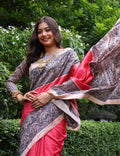 Gajri Soft Tussar Silk Madhubani Printed Saree with Blouse