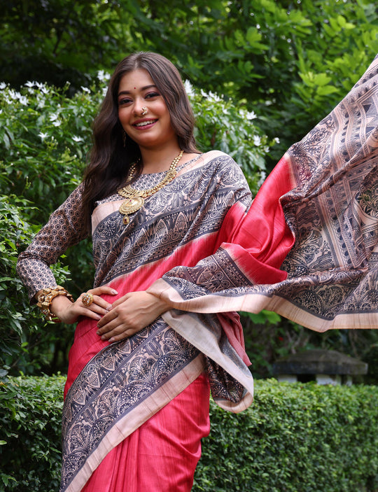Gajri Soft Tussar Silk Madhubani Printed Saree with Blouse