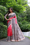 Gajri Soft Tussar Silk Madhubani Printed Saree with Blouse