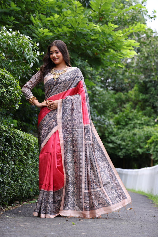 Gajri Soft Tussar Silk Madhubani Printed Saree with Blouse