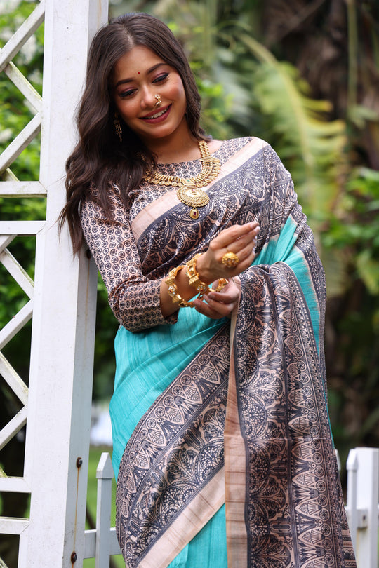 Sky Blue Soft Tussar Silk Madhubani Printed Saree with Blouse