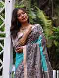 Sky Blue Soft Tussar Silk Madhubani Printed Saree with Blouse
