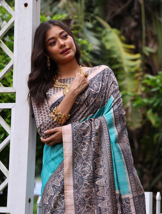 Sky Blue Soft Tussar Silk Madhubani Printed Saree with Blouse