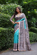 Sky Blue Soft Tussar Silk Madhubani Printed Saree with Blouse
