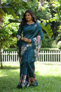 Teal Soft Tussar Silk Floral Printed Saree with Blouse