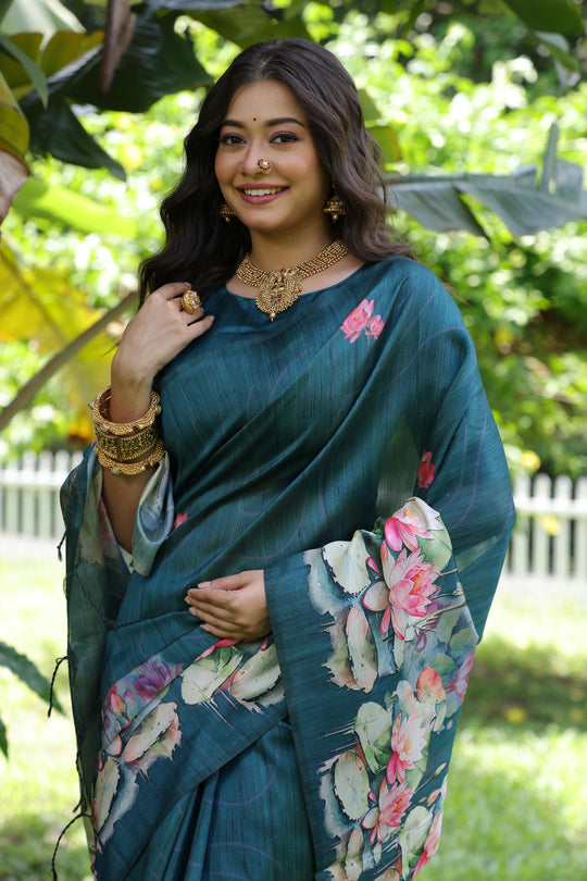 Teal Soft Tussar Silk Floral Printed Saree with Blouse