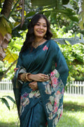 Teal Soft Tussar Silk Floral Printed Saree with Blouse