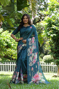 Teal Soft Tussar Silk Floral Printed Saree with Blouse