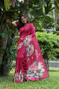 Rani Pink Soft Tussar Silk Floral Printed Saree with Blouse