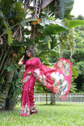 Rani Pink Soft Tussar Silk Floral Printed Saree with Blouse
