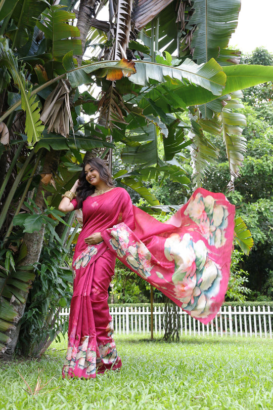 Rani Pink Soft Tussar Silk Floral Printed Saree with Blouse