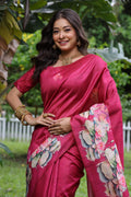 Rani Pink Soft Tussar Silk Floral Printed Saree with Blouse