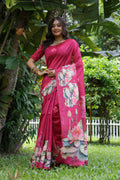 Rani Pink Soft Tussar Silk Floral Printed Saree with Blouse
