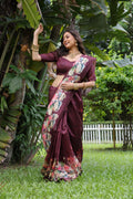 Wine Soft Tussar Silk Floral Printed Saree with Blouse