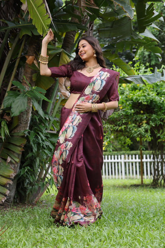 Wine Soft Tussar Silk Floral Printed Saree with Blouse