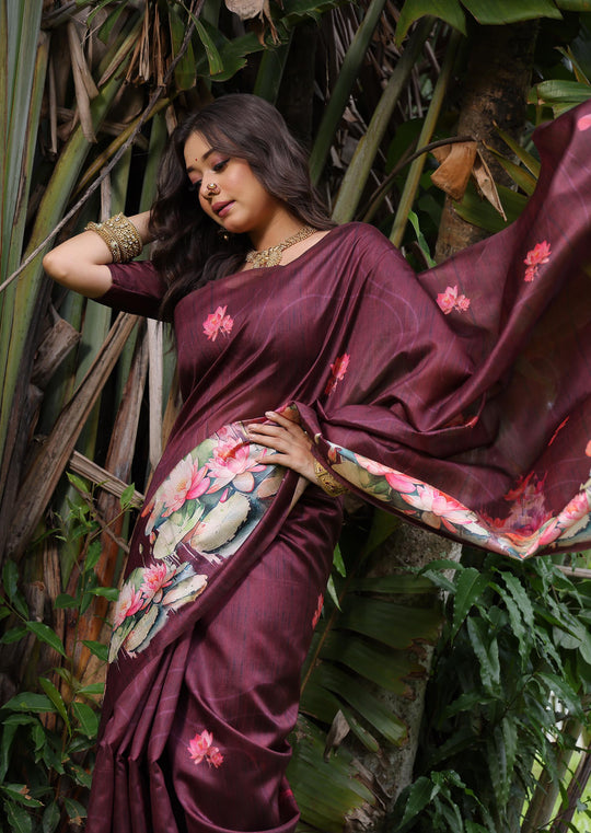 Wine Soft Tussar Silk Floral Printed Saree with Blouse