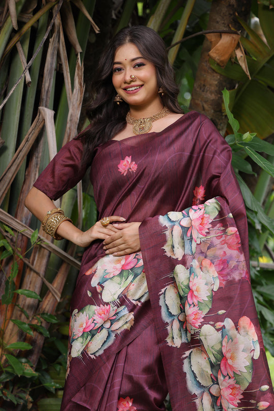 Wine Soft Tussar Silk Floral Printed Saree with Blouse