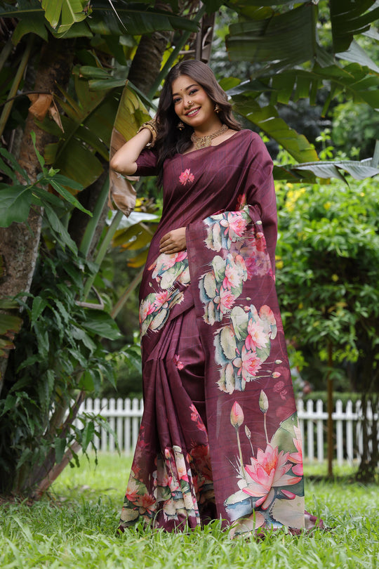 Wine Soft Tussar Silk Floral Printed Saree with Blouse
