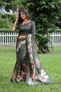 Mehendi Soft Tussar Silk Floral Printed Saree with Blouse