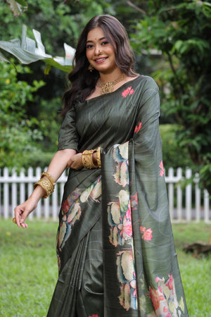 Mehendi Soft Tussar Silk Floral Printed Saree with Blouse