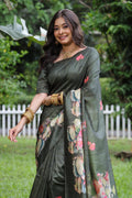 Mehendi Soft Tussar Silk Floral Printed Saree with Blouse