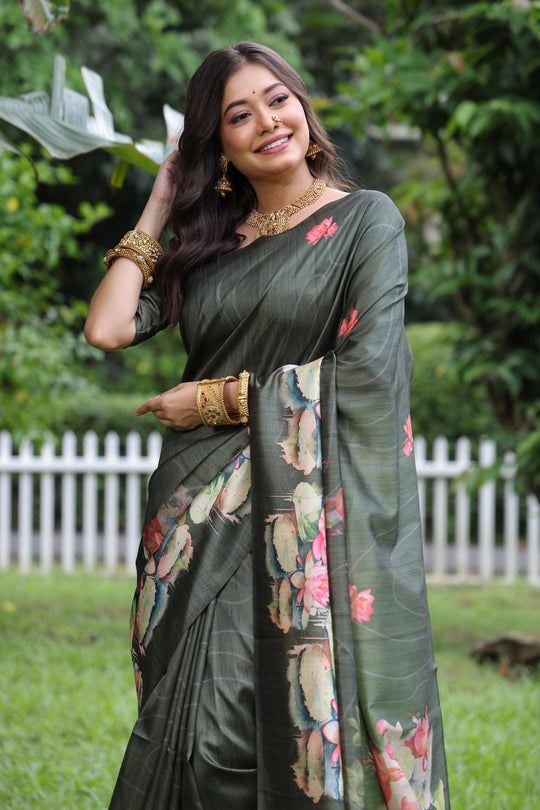 Mehendi Soft Tussar Silk Floral Printed Saree with Blouse