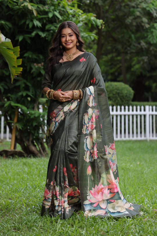 Mehendi Soft Tussar Silk Floral Printed Saree with Blouse