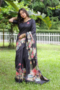 Black Soft Tussar Silk Floral Printed Saree with Blouse