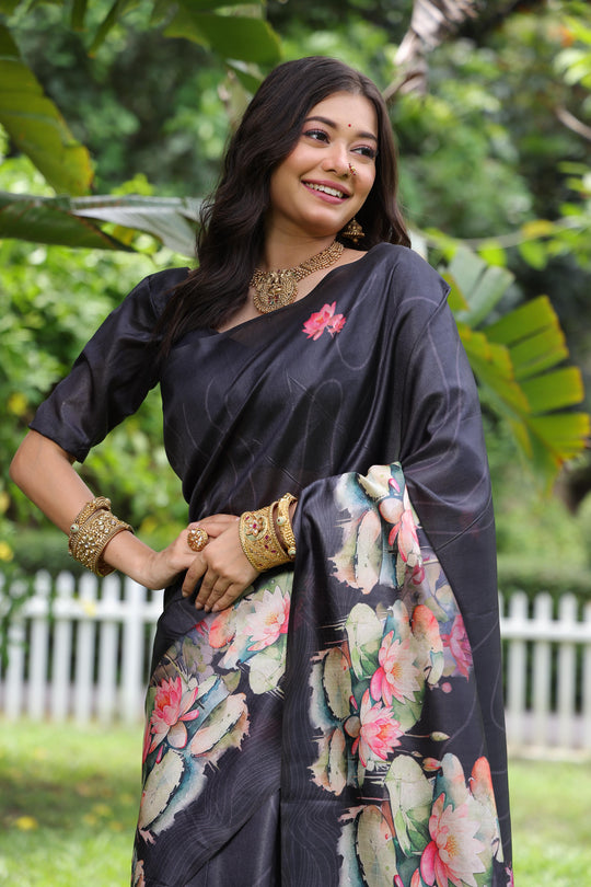 Black Soft Tussar Silk Floral Printed Saree with Blouse