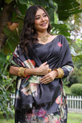 Black Soft Tussar Silk Floral Printed Saree with Blouse