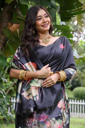 Black Soft Tussar Silk Floral Printed Saree with Blouse