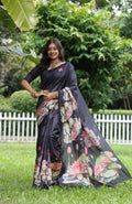 Black Soft Tussar Silk Floral Printed Saree with Blouse