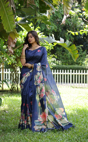 Blue Soft Tussar Silk Floral Printed Saree with Blouse