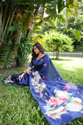 Blue Soft Tussar Silk Floral Printed Saree with Blouse