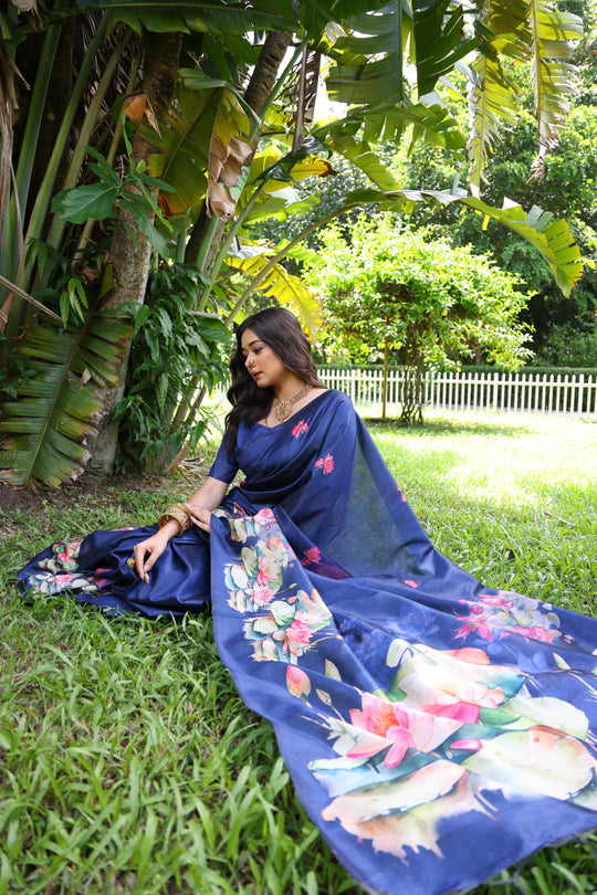 Blue Soft Tussar Silk Floral Printed Saree with Blouse