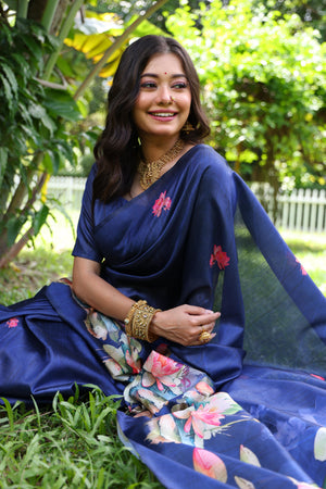 Blue Soft Tussar Silk Floral Printed Saree with Blouse