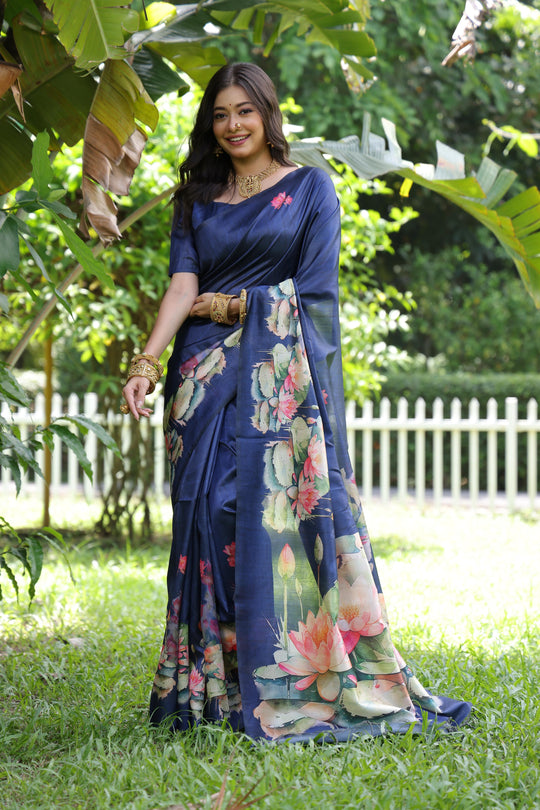 Blue Soft Tussar Silk Floral Printed Saree with Blouse