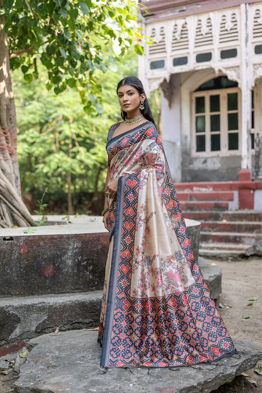 Navy Blue Soft Tussar Silk Floral Printed Saree with Blouse