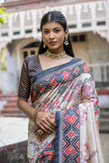 Navy Blue Soft Tussar Silk Floral Printed Saree with Blouse