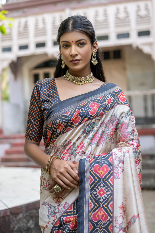 Navy Blue Soft Tussar Silk Floral Printed Saree with Blouse
