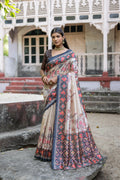 Navy Blue Soft Tussar Silk Floral Printed Saree with Blouse