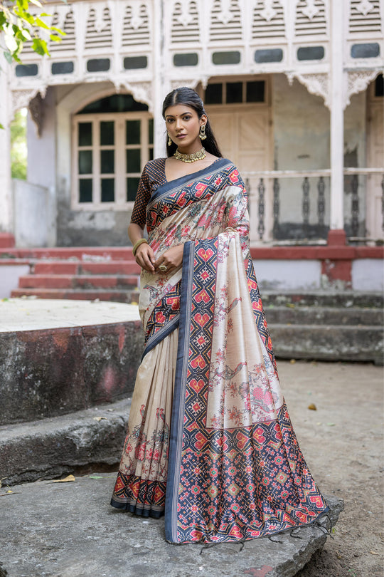 Navy Blue Soft Tussar Silk Floral Printed Saree with Blouse