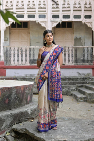 Royal Blue Soft Tussar Silk Floral Printed Saree with Blouse