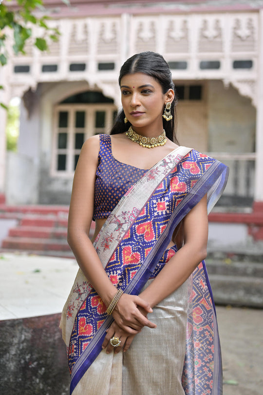 Royal Blue Soft Tussar Silk Floral Printed Saree with Blouse