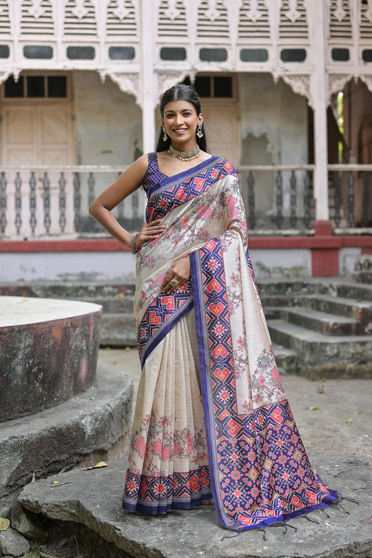 Royal Blue Soft Tussar Silk Floral Printed Saree with Blouse