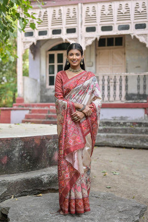 Maroon Soft Tussar Silk Floral Printed Saree with Blouse