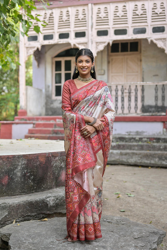 Maroon Soft Tussar Silk Floral Printed Saree with Blouse